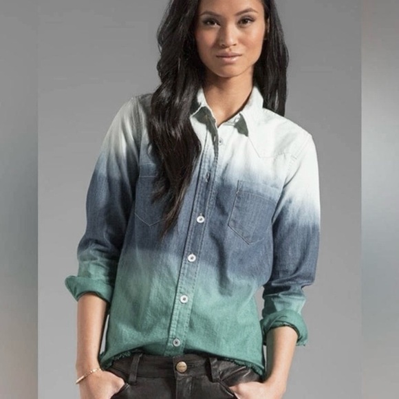 Free People Tops - Free People Ombre Frayed Hem Chambray Denim Button Down Shirt Women M blue green
